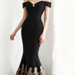 Vintage Black Off-Shoulder Gold Embroidery Mermaid Evening Gown DP7354