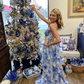 Blue Floral Printed Straps A-Line Layers Long Formal Party Dress, DP3770