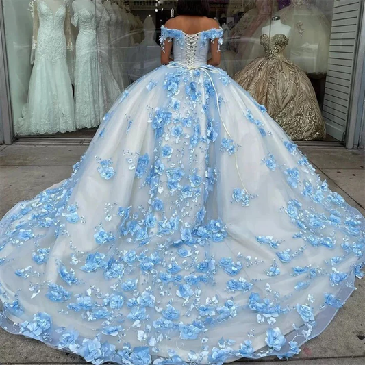 Sky Blue Quinceanera Dresses Princess 3D Rose Floral Party Birthday Dress Beaded Sweet 16 Prom Dress, DP2400