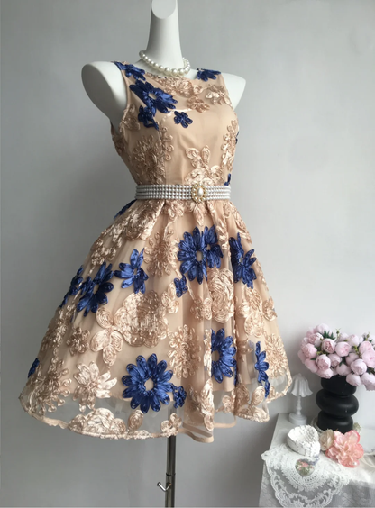 Retro Floral Applique Pearl Belt Design A-line Elegant Homecoming Dress Birthday Dress Party Dress DP6190