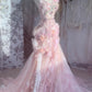 Chic Romantic Pink Floral Mermaid Prom Dress Ruffled Tulle 3D Flower Evening Gown DP7166