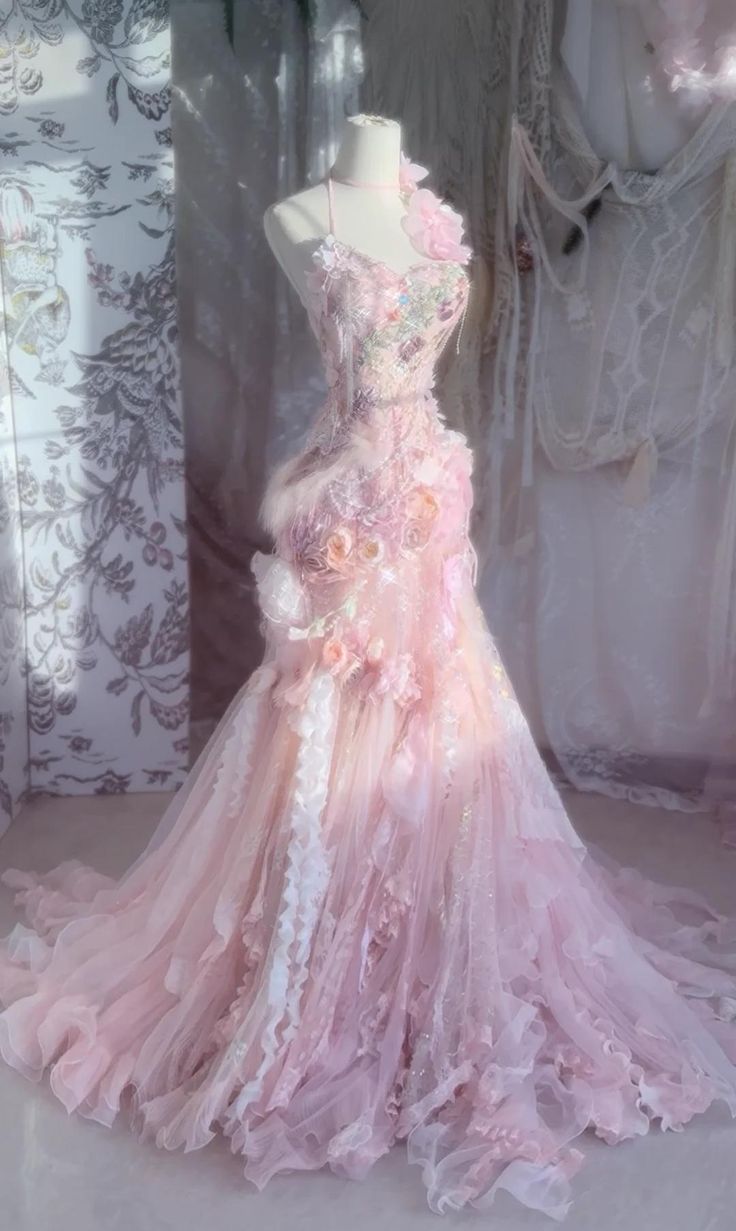 Chic Romantic Pink Floral Mermaid Prom Dress Ruffled Tulle 3D Flower Evening Gown DP7166