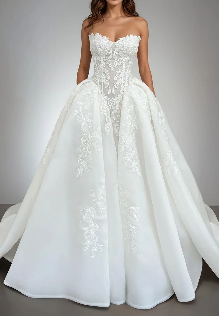 Elegant Lace Applique Sweetheart Wedding Dress A-Line Strapless Bridal Gown DP7022