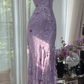 Vintage Light Purple Floral Applique Mermaid Cowl Neck Design Satin Prom Dress Evening Dress DP6236