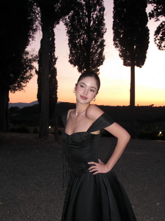 Vintage Black Square-Neck Tea-Length Ruched Bodice Evening Gown DP7400