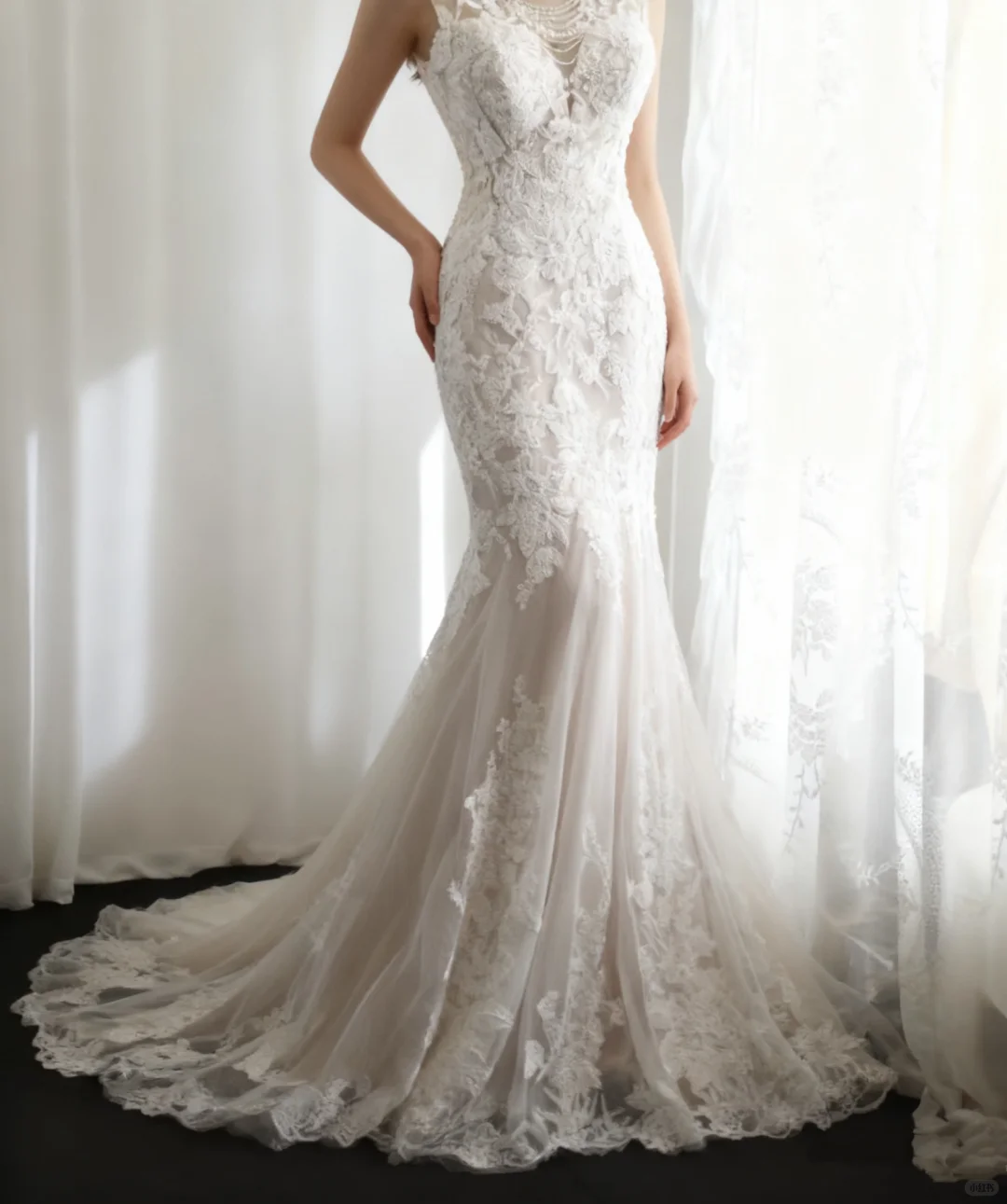 Vintage White Lace Mermaid Sheer Train Floral Embroidery Wedding Dress DP7644