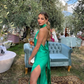 Green Halter Backless Long Party Dress with Slit,DP1876