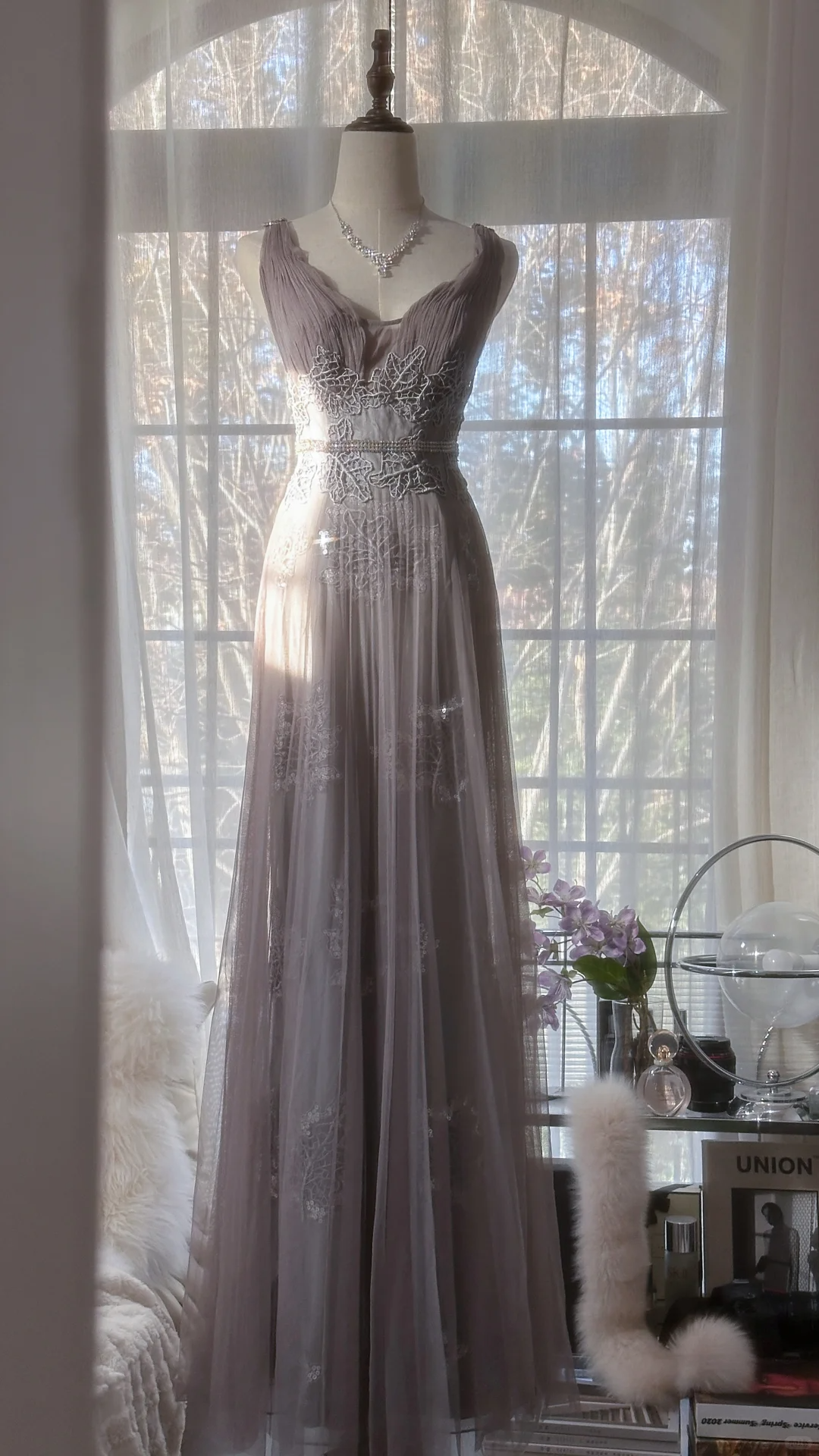 Vintage Light Purple Applique Design Romantic Chiffon Evening Dress Prom Dress DP6020