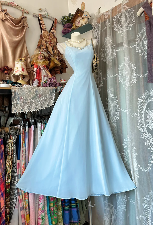 Vintage Light Blue Chiffon Spaghetti Strap A-Line Evening Dress DP8321