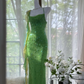Vintage Shiny Sequin Green Spaghetti Strap Design A-line Romantic Chiffon Evening Dress Prom Dress DP6026