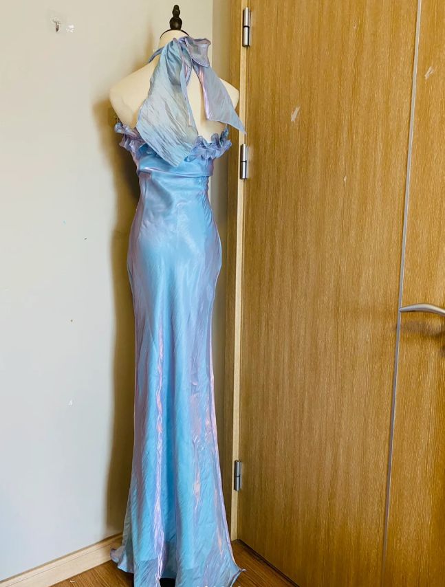 Vintage Iridescent Blue Halter Neck Satin Maxi Evening Gown Mermaid 3D – DSProm Vintage Iridescent Blue Halter Neck Satin Maxi Evening Gown Mermaid 3D – DSProm