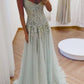 Glamorous Dusty Blue Embroidered Lace Prom Dress Tulle Beaded Evening Gown DP7914
