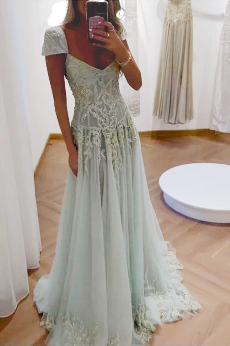 Glamorous Dusty Blue Embroidered Lace Prom Dress Tulle Beaded Evening Gown DP7914