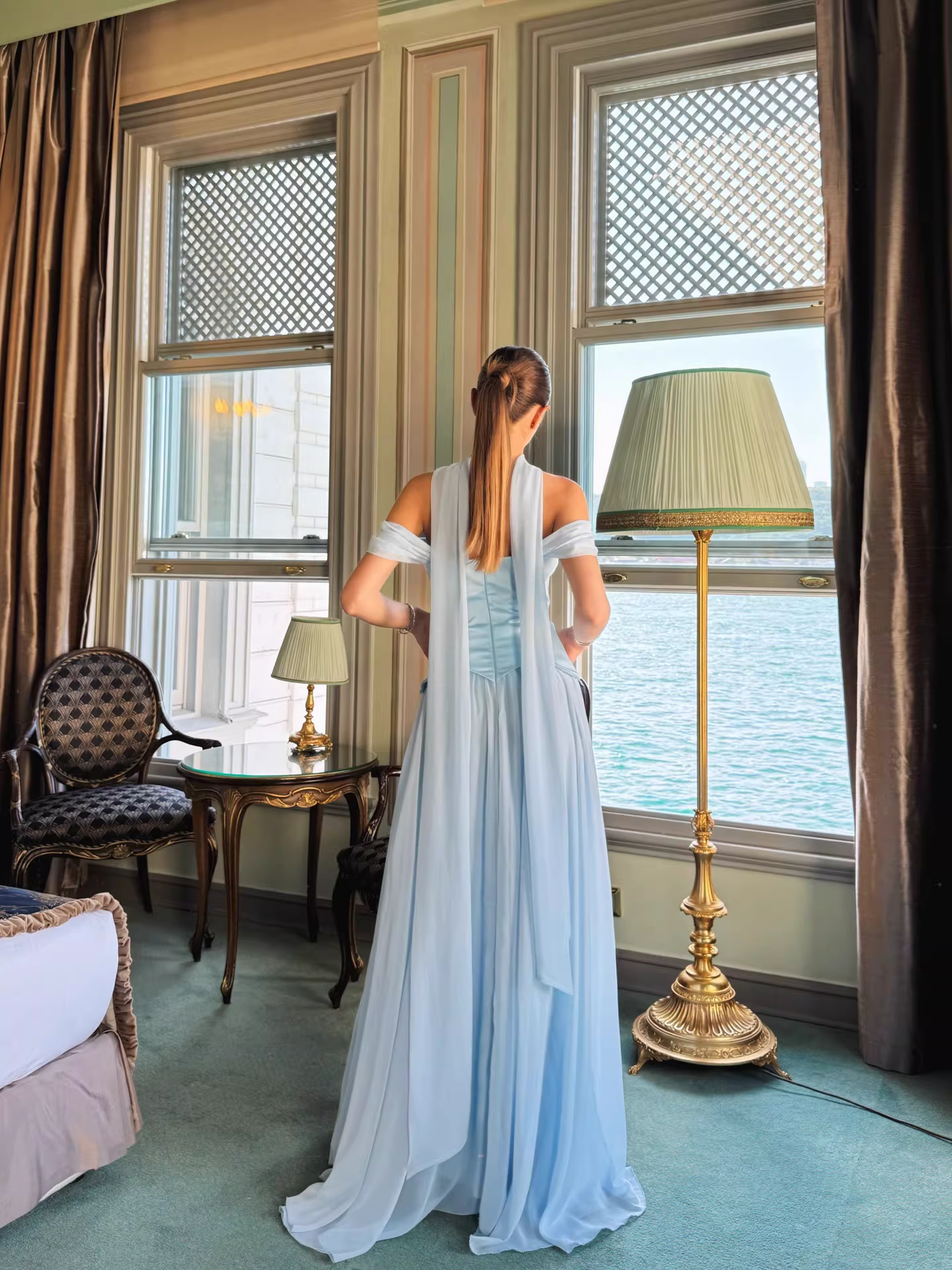Vintage Off-the-Shoulder Satin & Chiffon Prom Dress Draped Neck Scarf Evening Gown DP8144