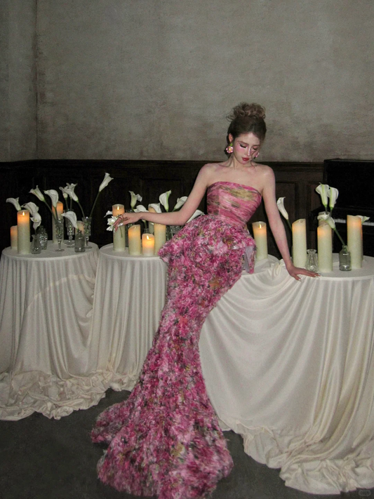 Vintage Pink Floral Strapless Mermaid Design Elegant Prom Dress Evening Dress DP6249