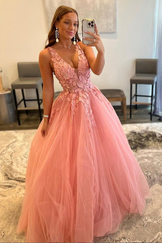 Pink V-Neck Lace Long Prom Dress A-Line Graduation Dress,DP0121