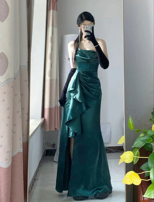 Elegantes dunkelgrünes trägerloses Rüschenkleid mit hohem Schlitz und Meerjungfrau-Ausschnitt, langes Ballkleid, Partykleid, Abendkleid DP6489