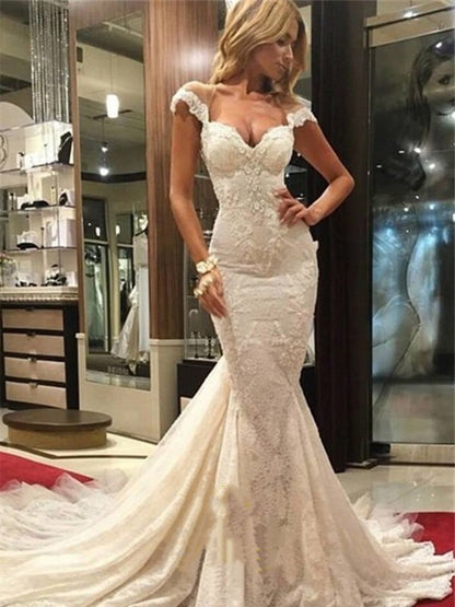 Romantic Ivory Cap Sleeve Sweetheart Mermaid Lace Appliques Long Train Wedding Dress DP8613