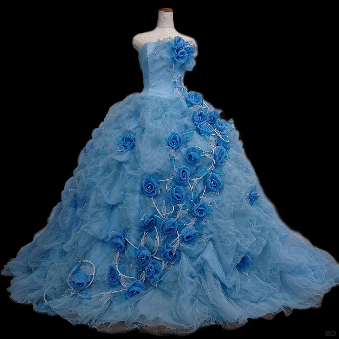 Vintage Sky Blue Strapless 3D Rose Ruffled Tulle Sweet 16 Quinceanera Ball Gown DP7550