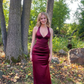 Burgundy V Neck Halter Sheath Satin Long Formal Party Dress, DP3785