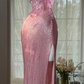 Glamorous Pink Butterfly Beaded Strappy Maxi High Slit Evening Dress Prom Dress DP8121