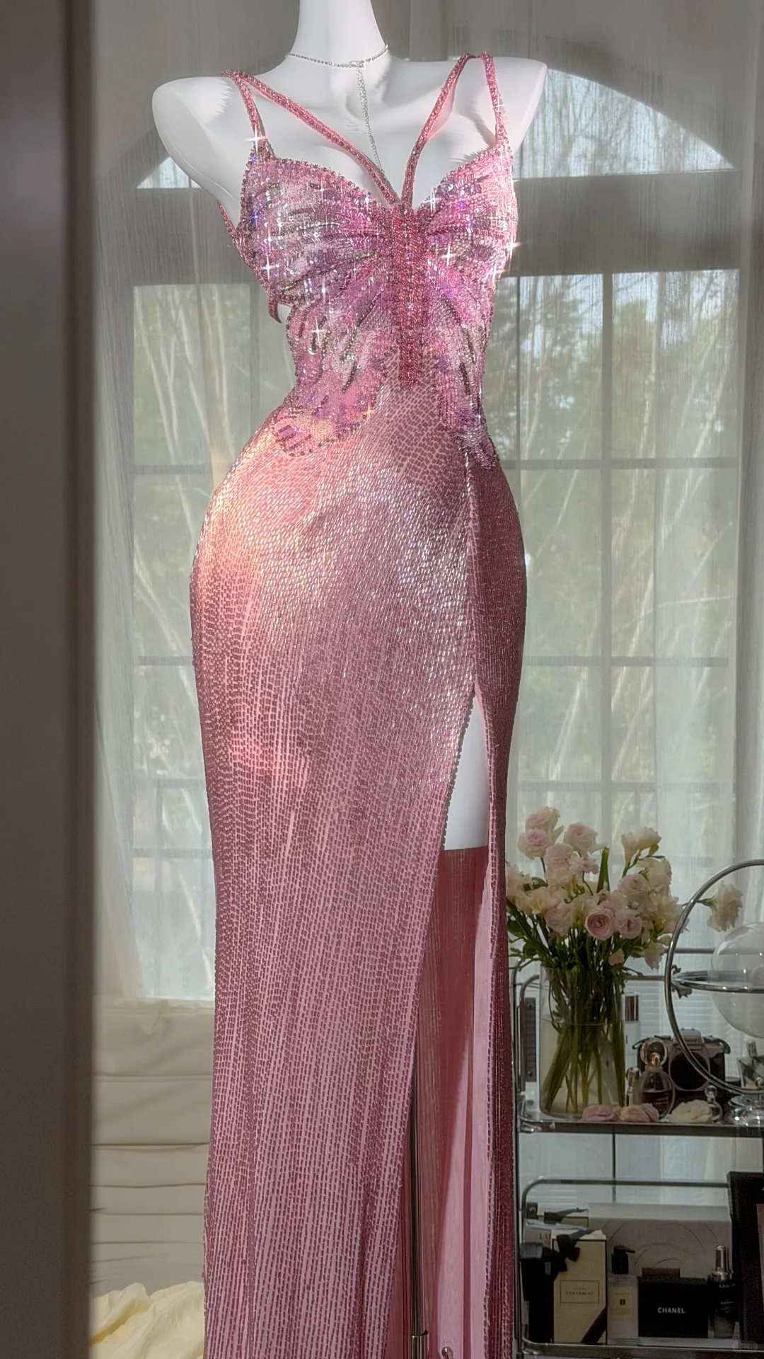 Glamorous Pink Butterfly Beaded Strappy Maxi High Slit Evening Dress Prom Dress DP8121
