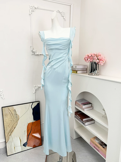 Vintage Light Blue Satin Cowl Neck Mermaid Ruffle Spaghetti Straps Ruched Prom Dress DP8569