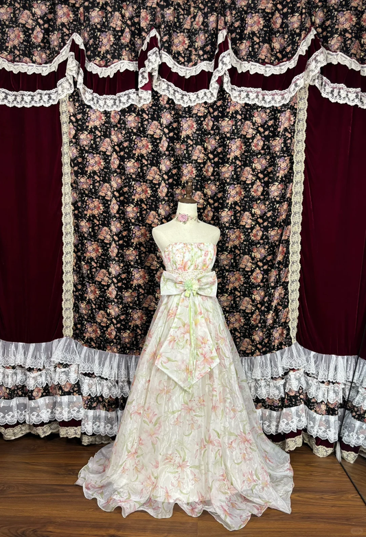 Retro Blumenmuster Trägerlos Schleife Design A-Linie Tüll Quinceanera Kleider Sweet 16 Geburtstag Ballkleider, DP5915