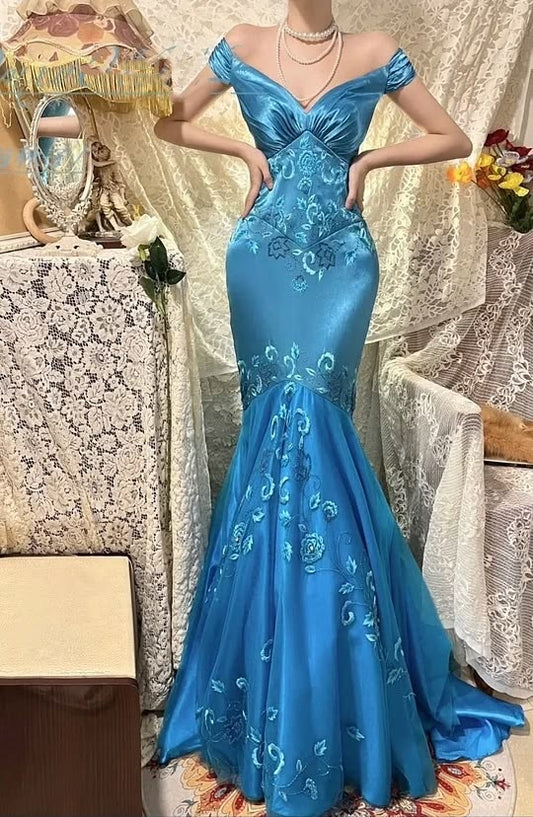 Elegant Ocean Blue Off-the-Shoulder Mermaid Satin & Embroidery Prom Dress DP8180