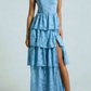 Glamorous Sage Green Jacquard Tiered Maxi Dress Slit Spaghetti Strap Formal Evening Gown DP2586