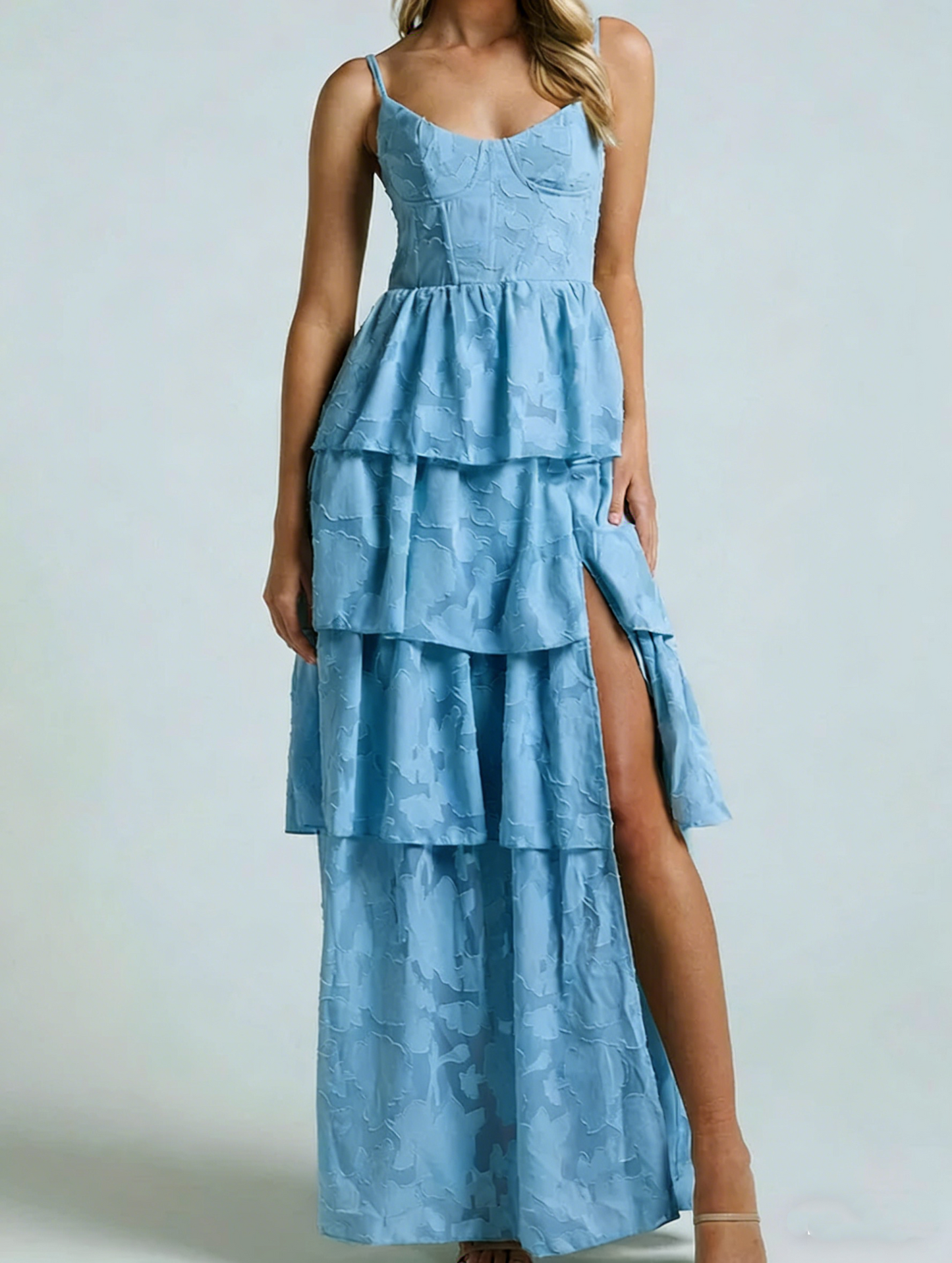 Glamorous Sage Green Jacquard Tiered Maxi Dress Slit Spaghetti Strap Formal Evening Gown DP2586