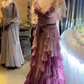 Chic Lilac Ombre Ruffled Tiered A-Line Evening Gown with Sheer Sleeves DP7865