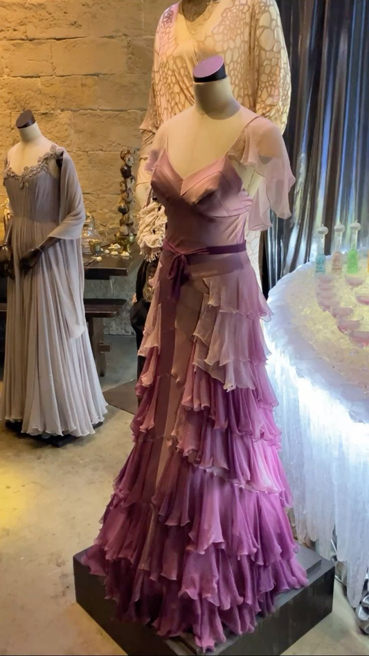 Chic Lilac Ombre Ruffled Tiered A-Line Evening Gown with Sheer Sleeves DP7865