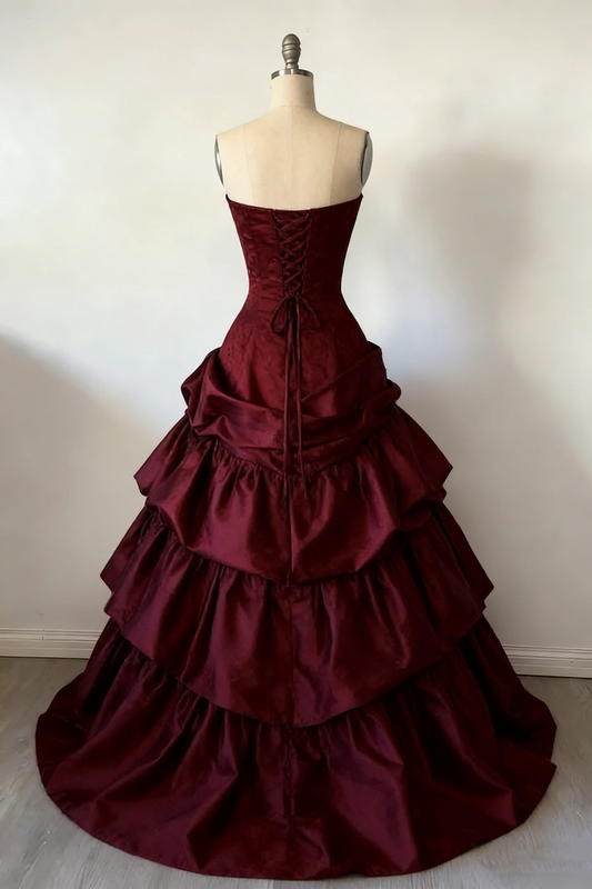 Glamorous Burgundy Satin Strapless Ruffled Tiered Sweet 15 Quinceanera Ball Gown DP8040