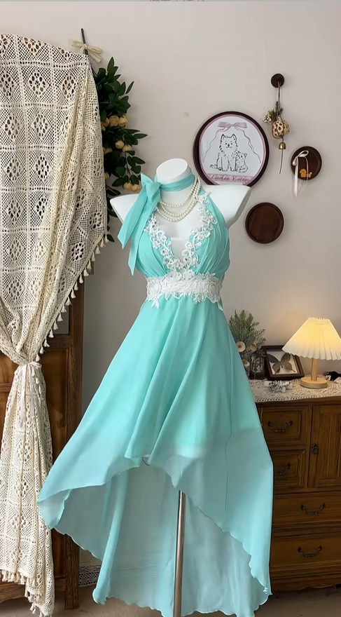 Retro Blue-green Applique Design A-line Chiffon Elegant Homecoming Dress Birthday Dress Party Dress DP6188