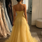 Elegant Yellow Strapless Sweetheart Tulle Prom Dress Floral Appliques High Slit Evening Gown DP8497