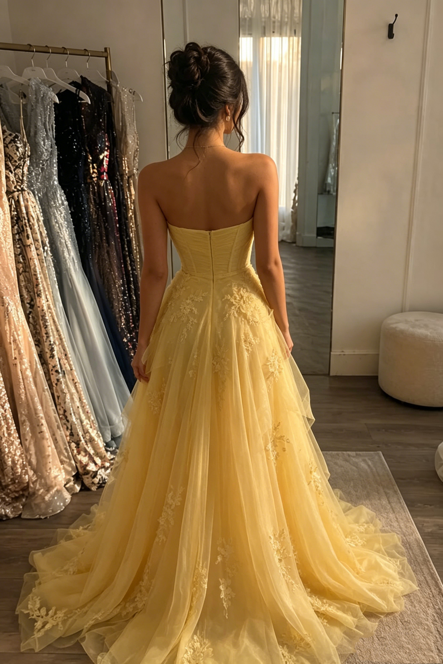 Elegant Yellow Strapless Sweetheart Tulle Prom Dress Floral Appliques High Slit Evening Gown DP8497