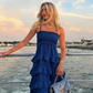 Vintage White Ruched Ruffle Maxi Evening Dress Romantic Tiered Spaghetti Strap Party Dress DP1687