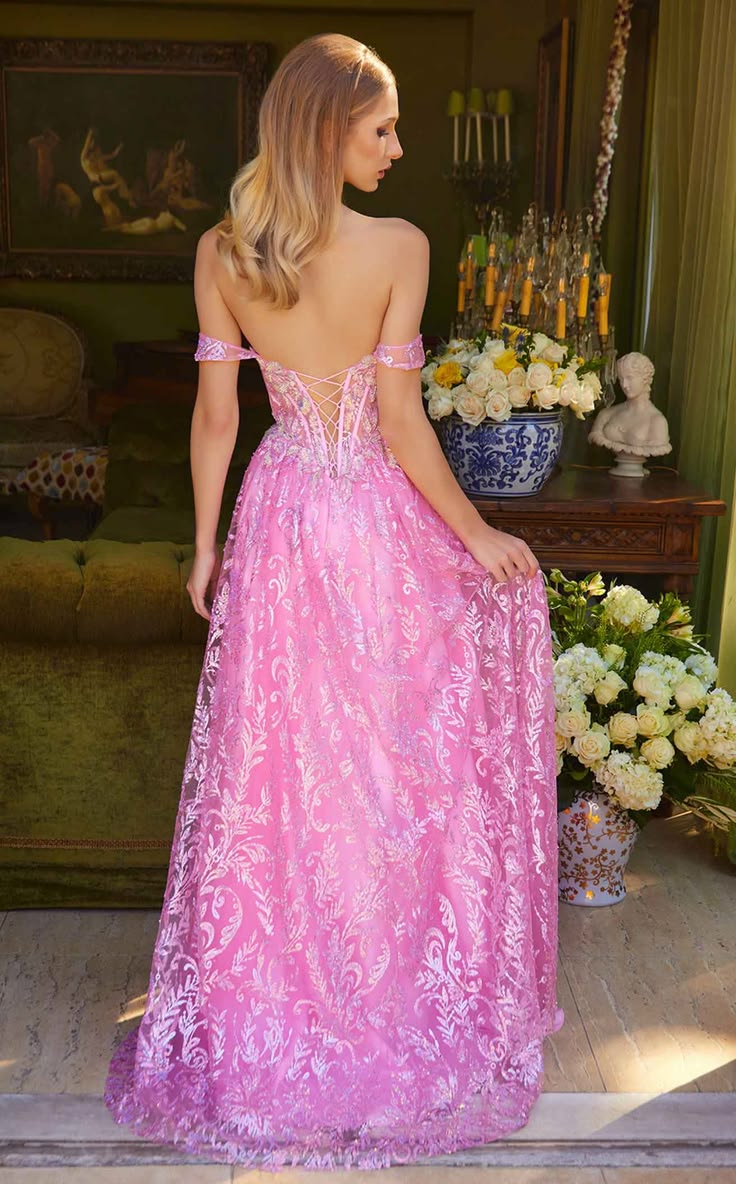 Elegant Pink Off-the-Shoulder Sweetheart Prom Dress Lace Embroidered A-Line Evening Gown DP8189