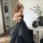 Black Straps A-Line Backless Shiny Long Party Dress Birthday Ball Gown DP3832