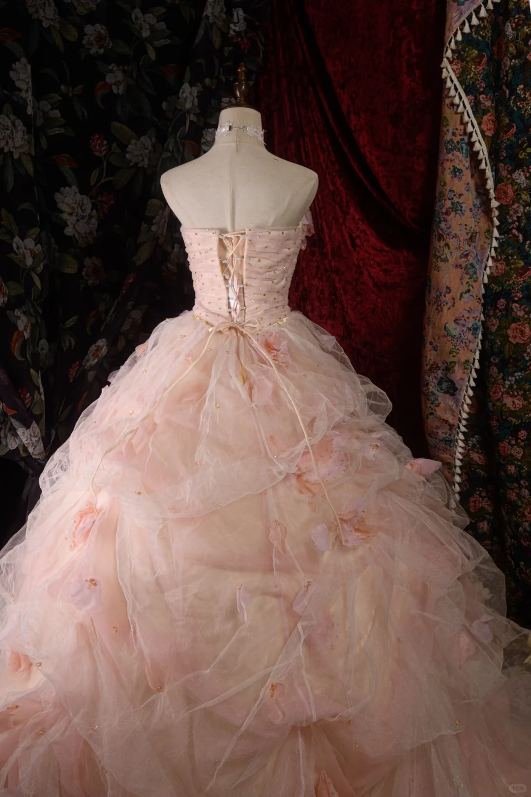 Gorgeous Pink Beaded Strapless Layered Tulle Ruffle 3D Floral Sweet 16 Quinceanera Ball Gown  DP7415