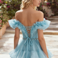 Glamorous Sky Blue Ruffled Tulle Off-the-Shoulder Beaded Sweet 16 Quinceanera Ball Gown DP8186