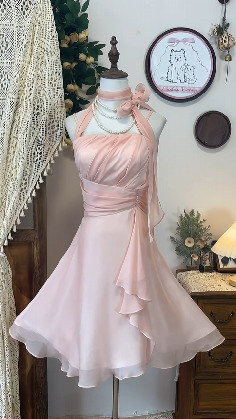 Retro Pink Design Halter Dress A-line Chiffon Elegant Homecoming Dress Birthday Dress Party Dress DP6187