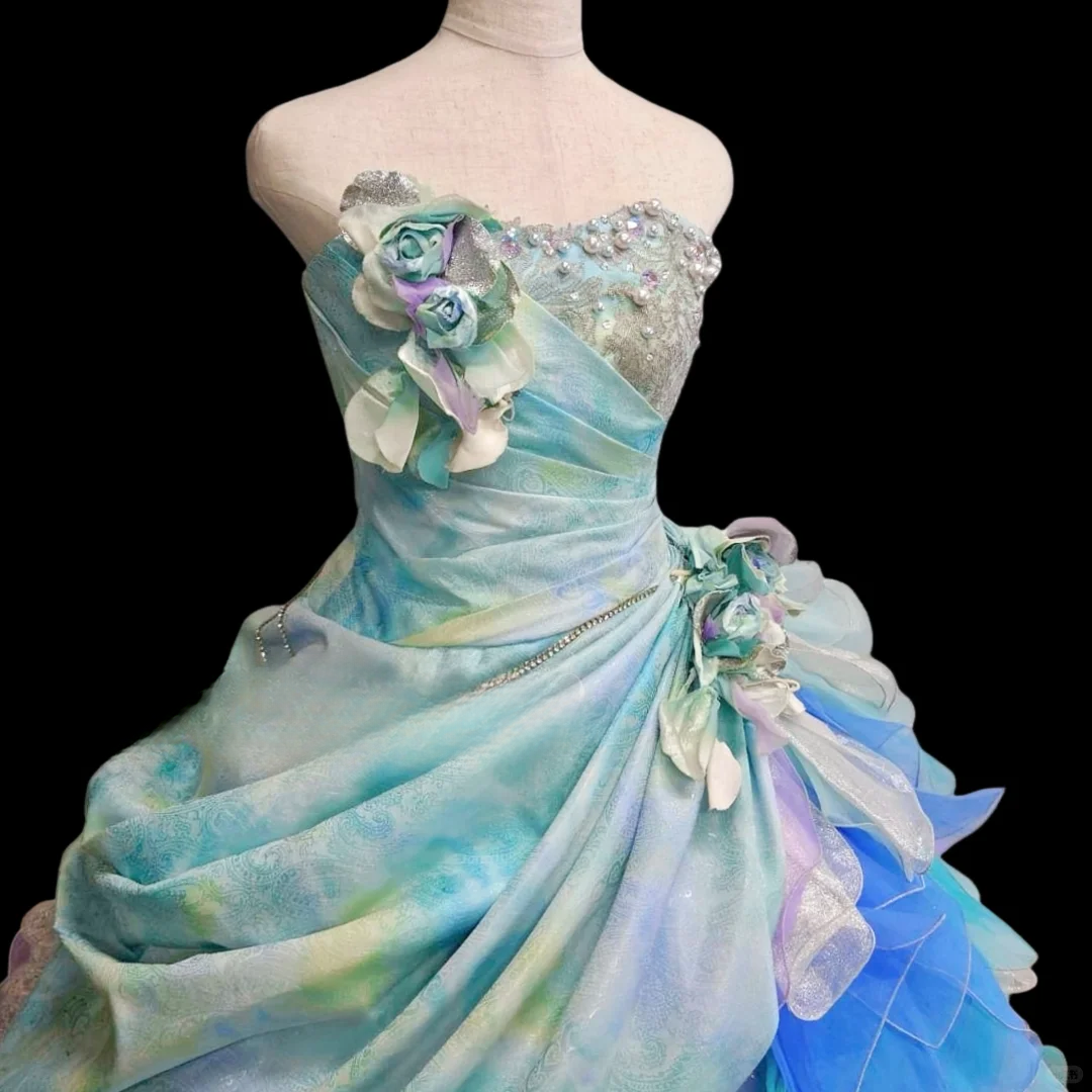 Enchanting Pastel Rainbow Strapless 3D Floral Applique & Ruffled Tulle Sweet 16 Quinceanera Ball Gown DP7274