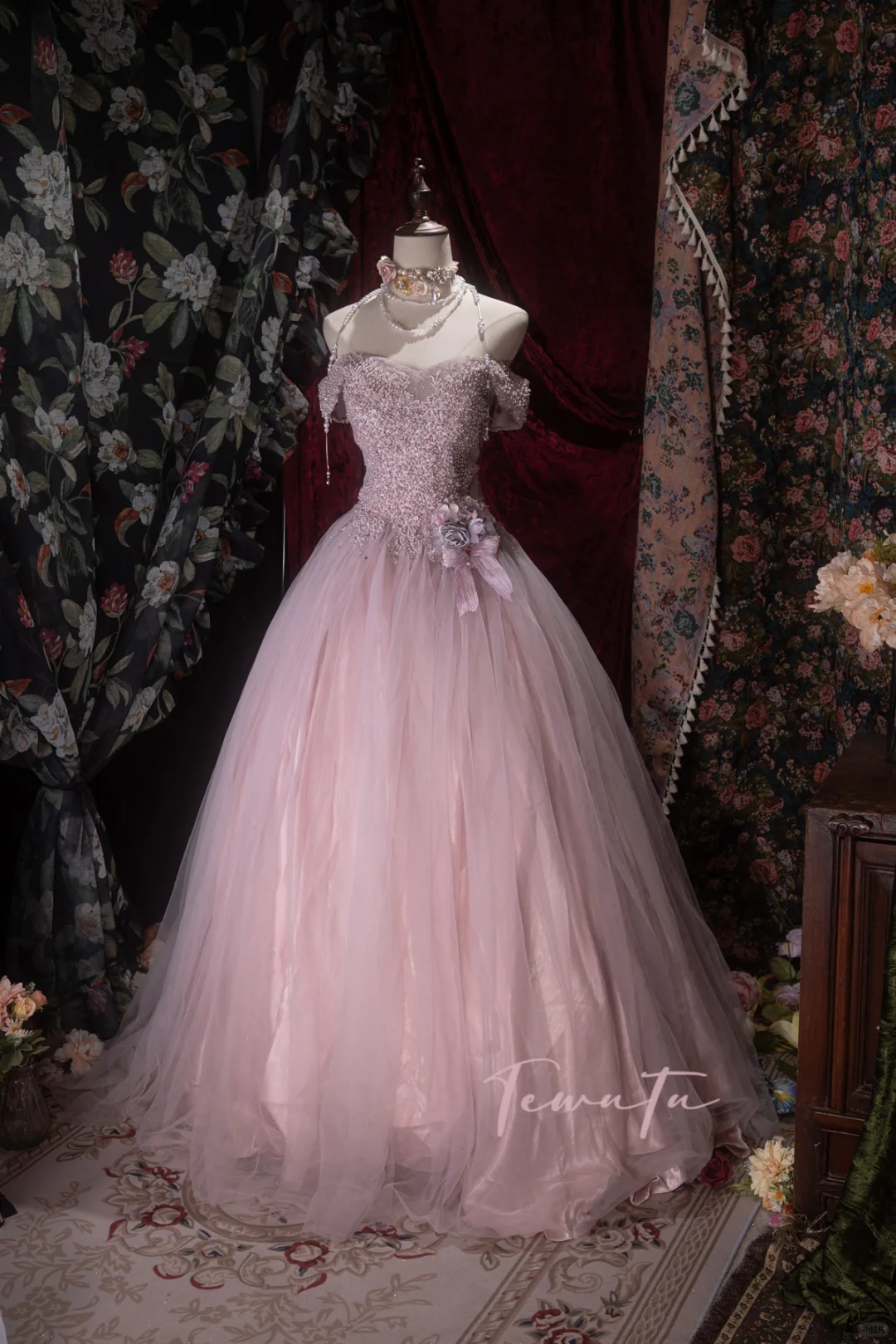 Pink Off-the-Shoulder Beaded Tulle Prom Dress Floral Quinceanera Ball Gown DP8349