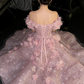 Robe de soirée cocktail rose pailletée à épaules dénudées, en tulle à sequins et plumes 3D, DP7318
