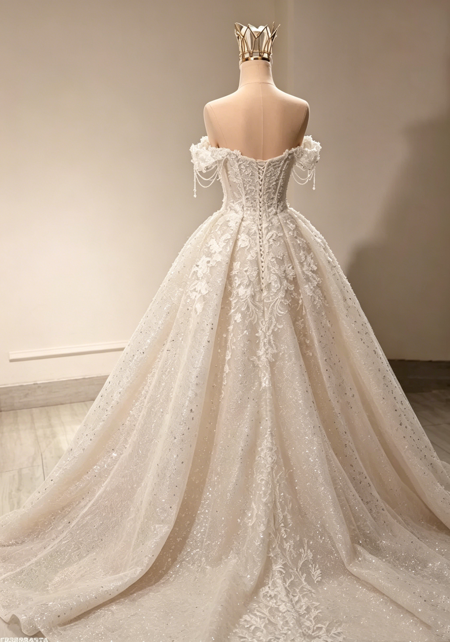 Elegant Off-the-Shoulder Sparkling Lace Long Train Beaded Floral A-Line Wedding Dress DP8596