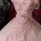 Elegant Pink Off-the-Shoulder Floral Lace Appliques Sweet 16 Quinceanera Ball Gown DP8339