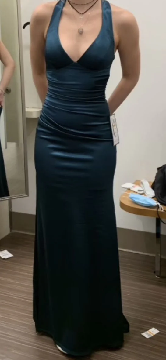 Robe de soirée longue en satin bleu marine à col en V et dos nu, DP4369