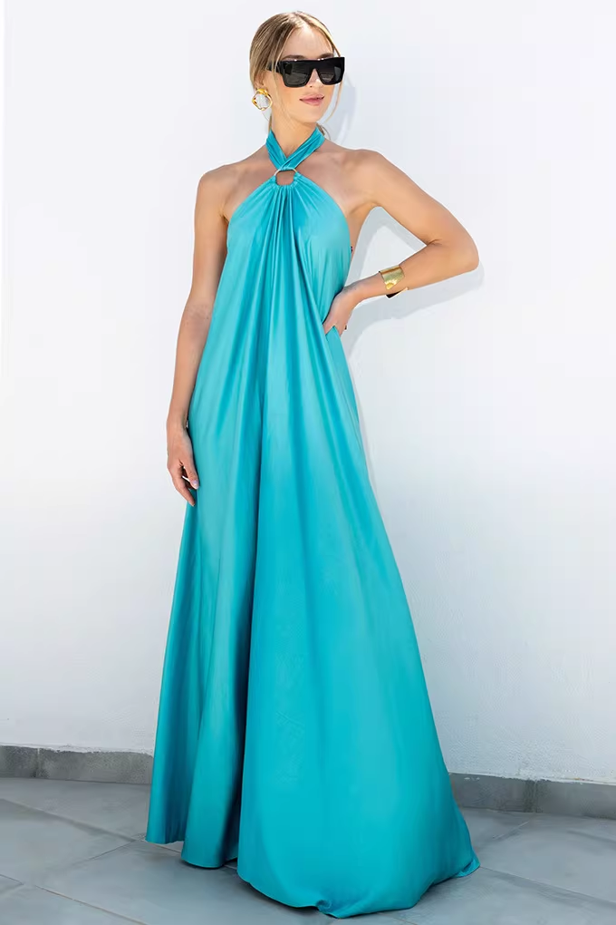 Glamorous Satin Halter-Neck Loose Flowy Evening Gown O-Ring Detail Prom Dress DP8113